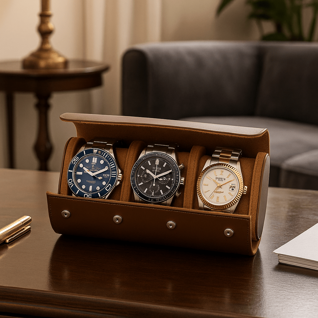 3-Slot Leather Watch Roll – Vintage Travel Case for Men | CHRONVAULT™