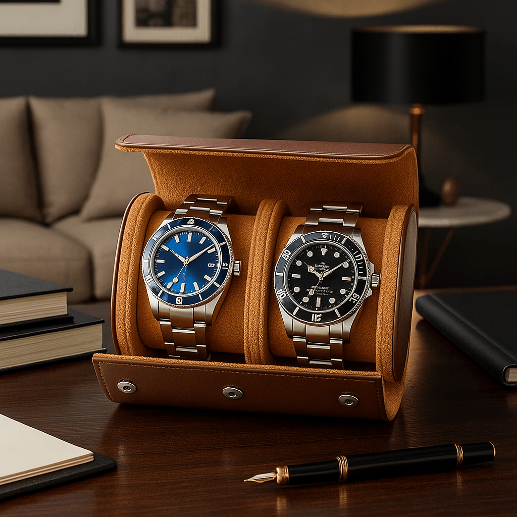 2-Slot Leather Watch Roll – Vintage Travel Case for Men | CHRONVAULT™