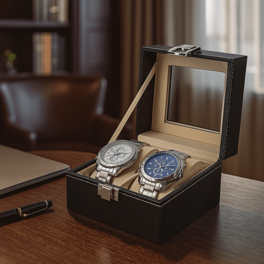 2-Slot Leather Watch Box – Compact Display Case with Glass Lid | CHRONVAULT™