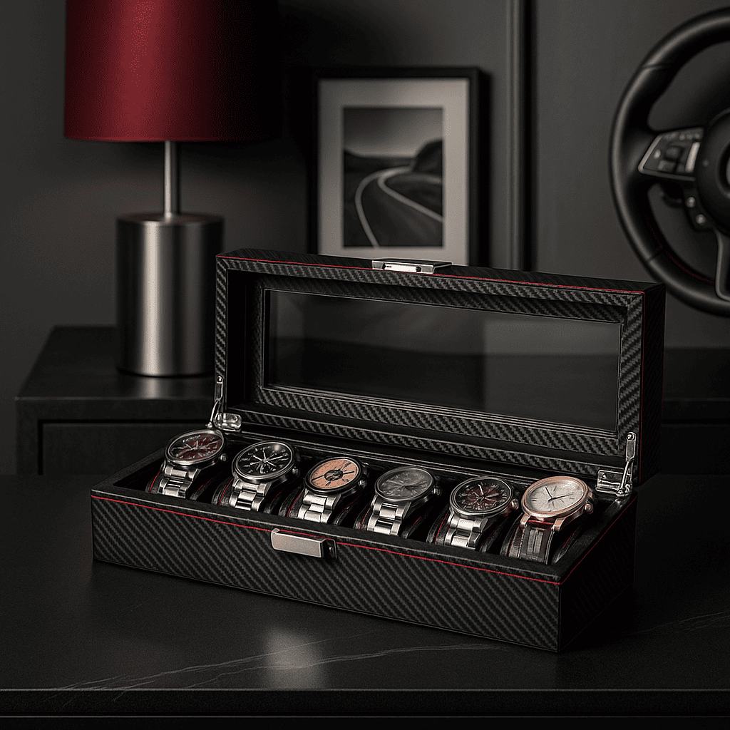 Carbon Leather Watch Box – 6 Slot Display Case | CHRONVAULT™