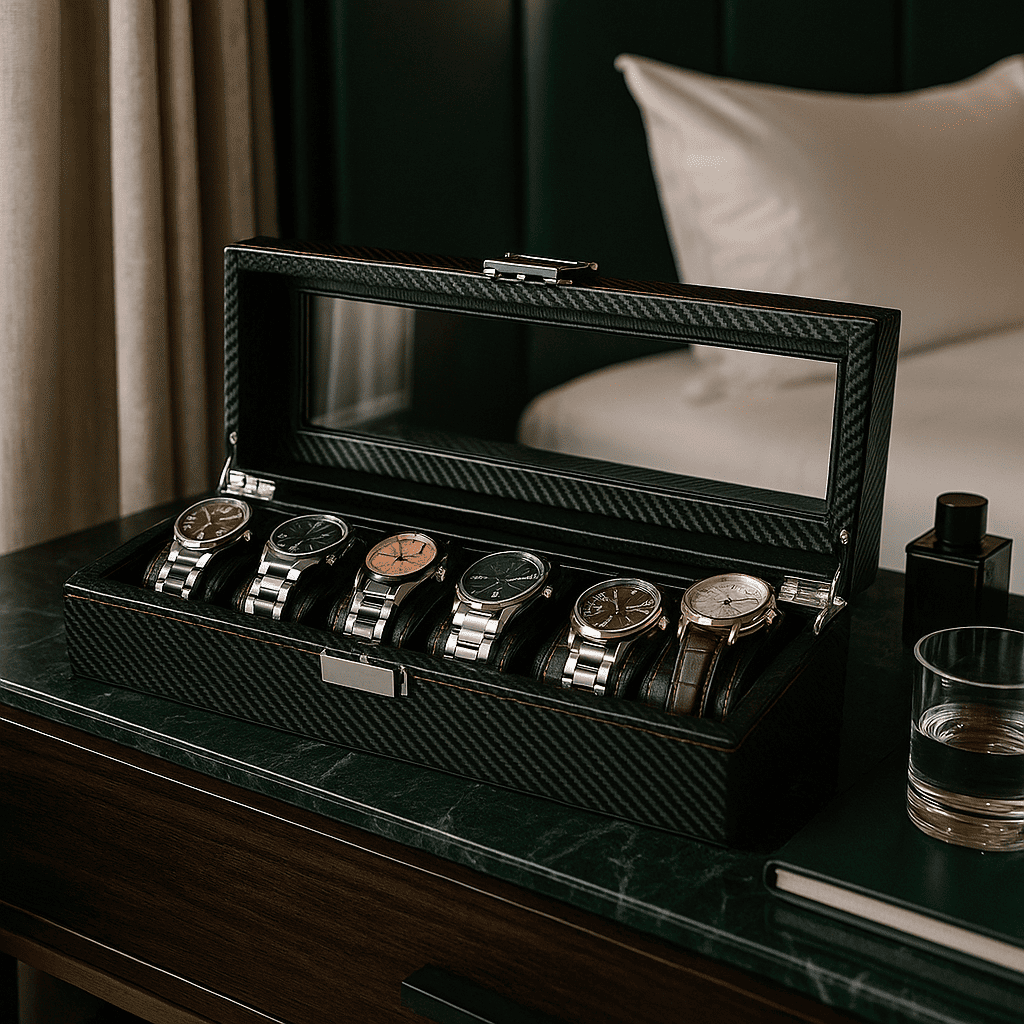 Carbon Leather Watch Box – 6 Slot Display Case | CHRONVAULT™