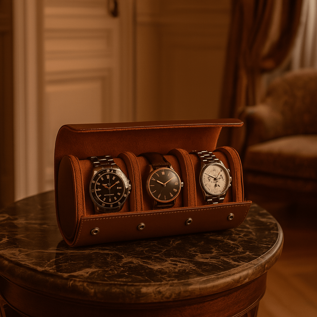 3-Slot Leather Watch Roll – Vintage Travel Case for Men | CHRONVAULT™