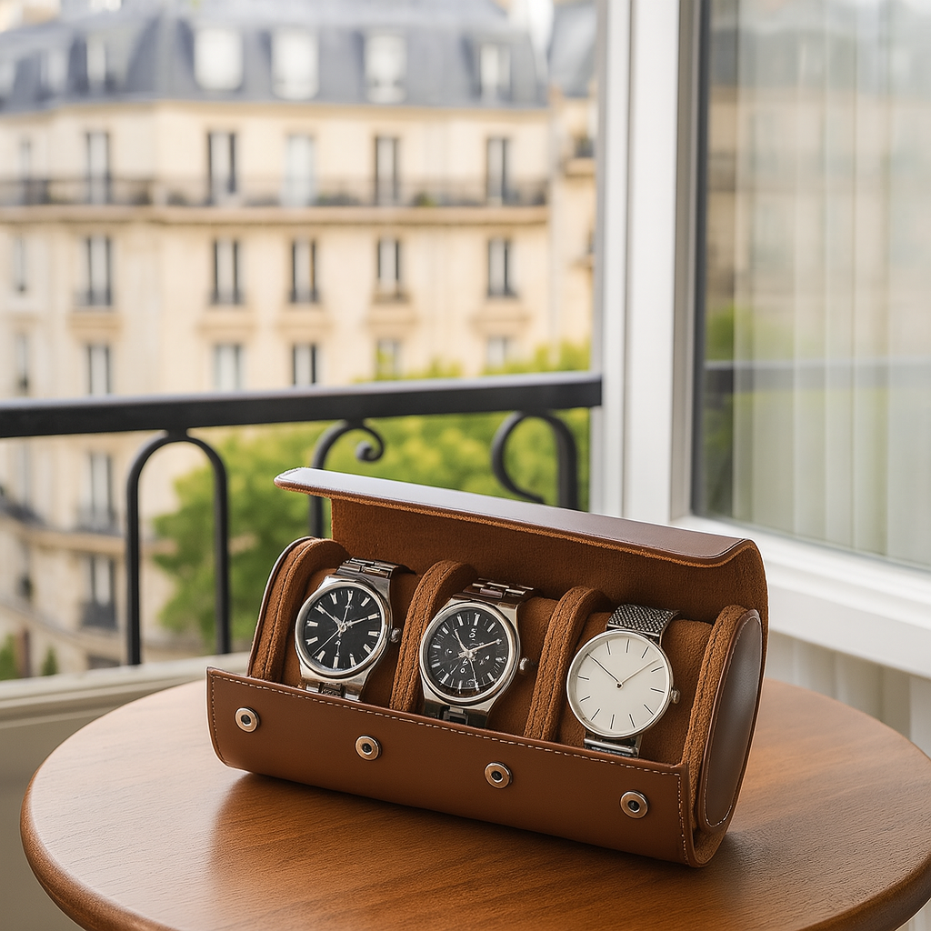3-Slot Leather Watch Roll – Vintage Travel Case for Men | CHRONVAULT™