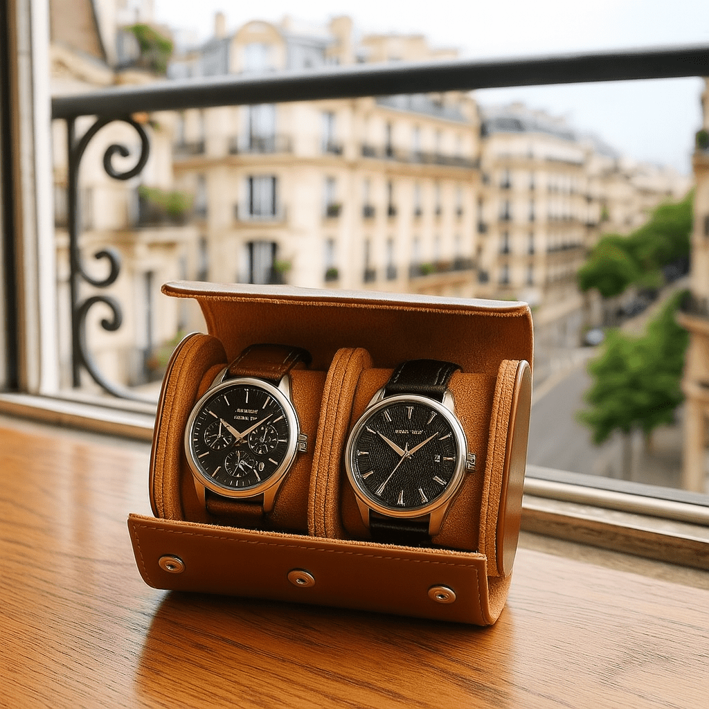 2-Slot Leather Watch Roll – Vintage Travel Case for Men | CHRONVAULT™