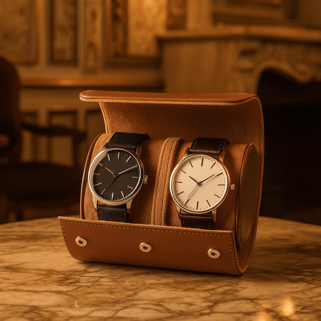 2-Slot Leather Watch Roll – Vintage Travel Case for Men | CHRONVAULT™