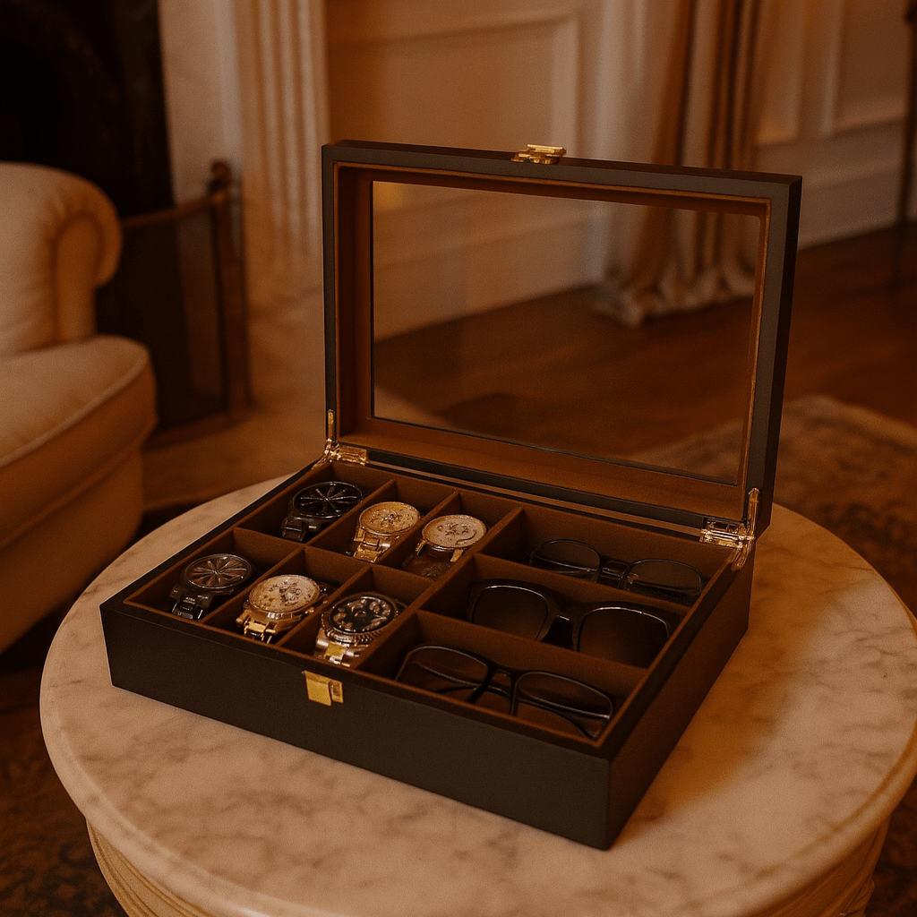 Watch Box with Glass Lid – 6 Watches & 3 Sunglasses Organizer | CHRONVAULT™