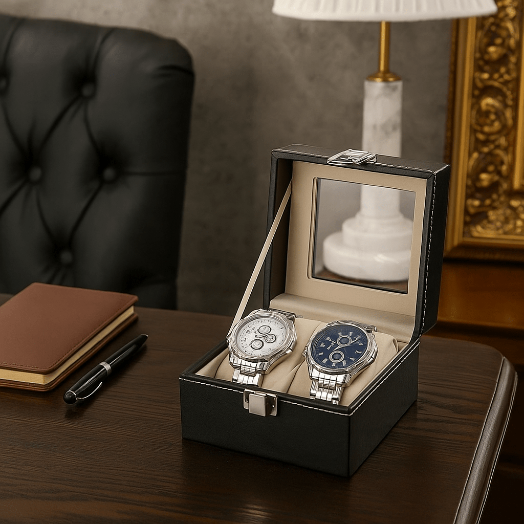 2-Slot Leather Watch Box – Compact Display Case with Glass Lid | CHRONVAULT™