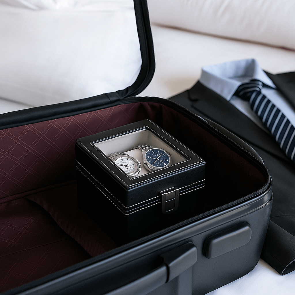 2-Slot Leather Watch Box – Compact Display Case with Glass Lid | CHRONVAULT™