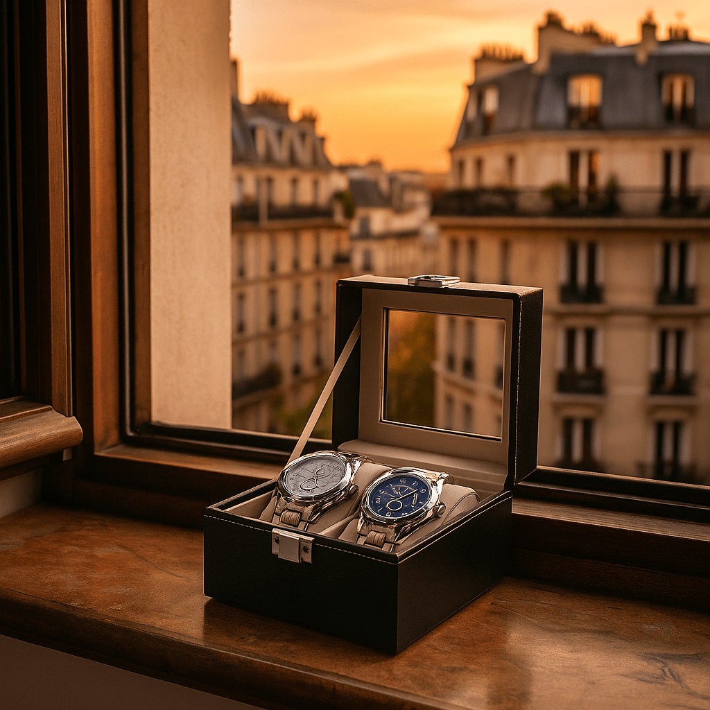 2-Slot Leather Watch Box – Compact Display Case with Glass Lid | CHRONVAULT™