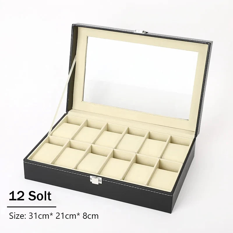 12-Slot Leather Watch Box – Large Display Case with Glass Lid | CHRONVAULT™