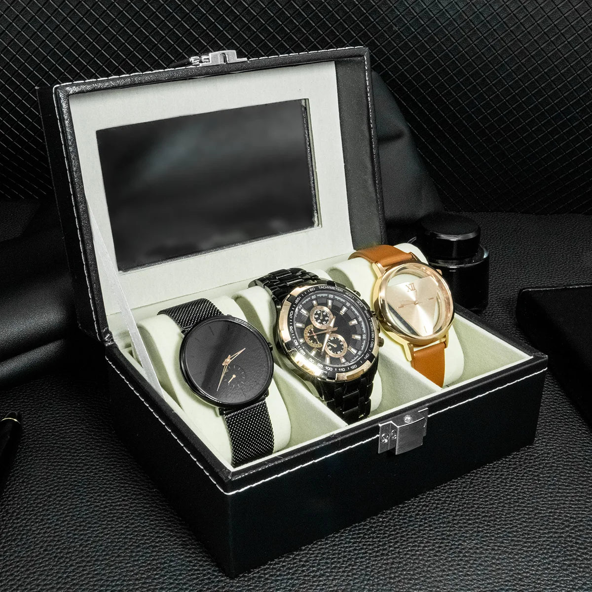 3-Slot Leather Watch Box – Compact Display Case with Glass Lid | CHRONVAULT™