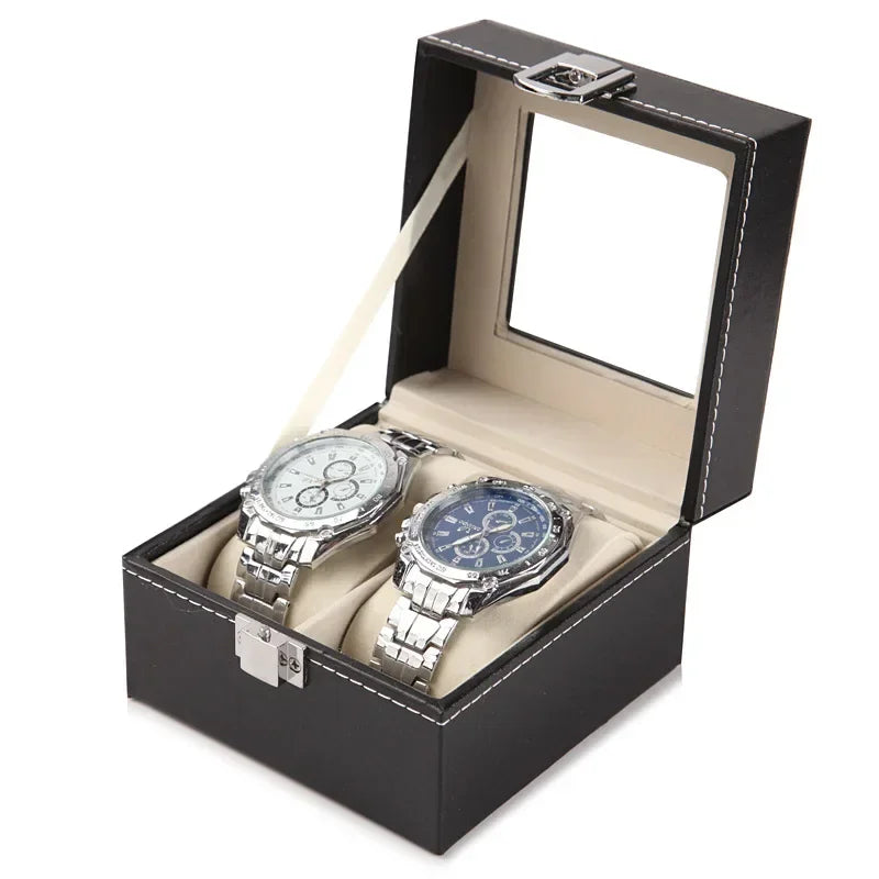2-Slot Leather Watch Box – Compact Display Case with Glass Lid | CHRONVAULT™