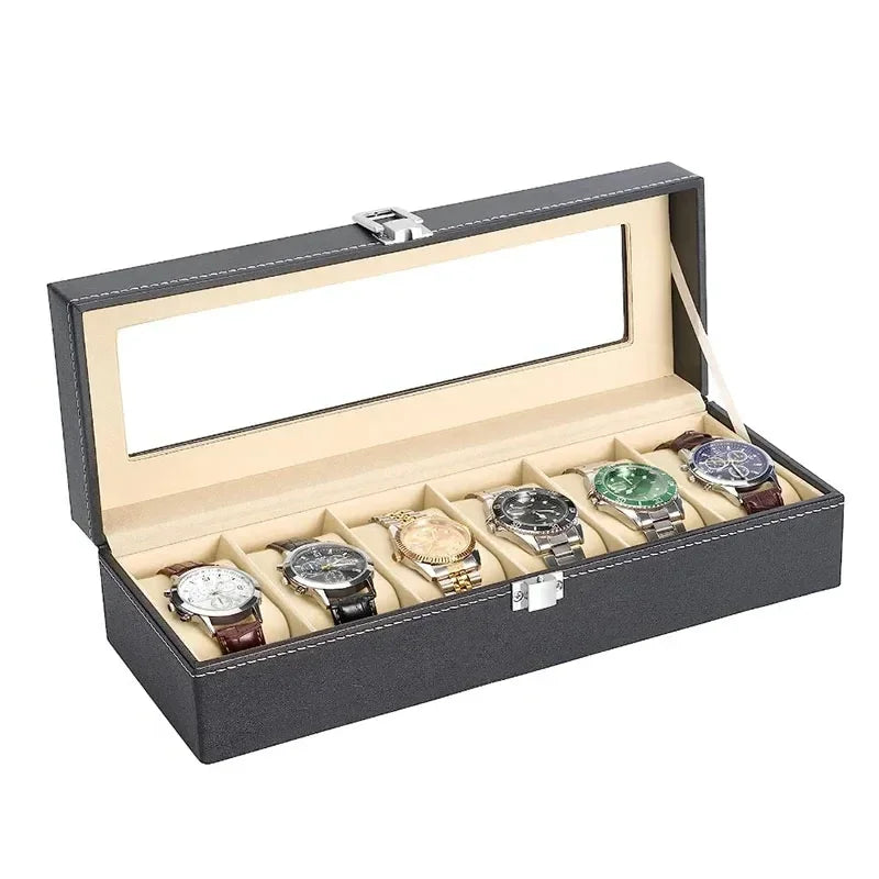 6-Slot Leather Watch Box – Compact Display Case with Glass Lid | CHRONVAULT™