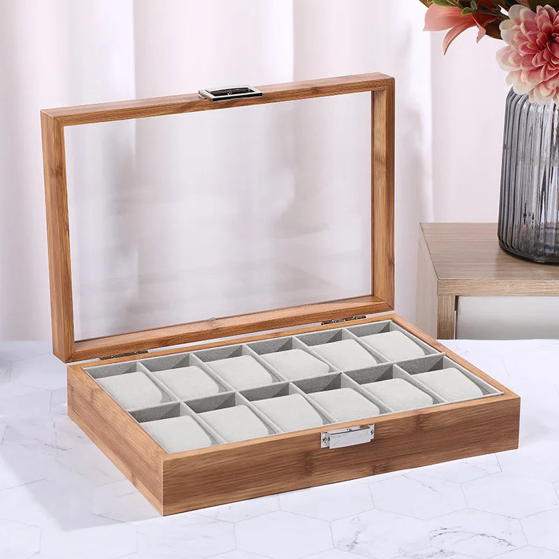 12-Slot Bamboo Watch Box – Wooden Display Case with Glass Lid | CHRONVAULT™