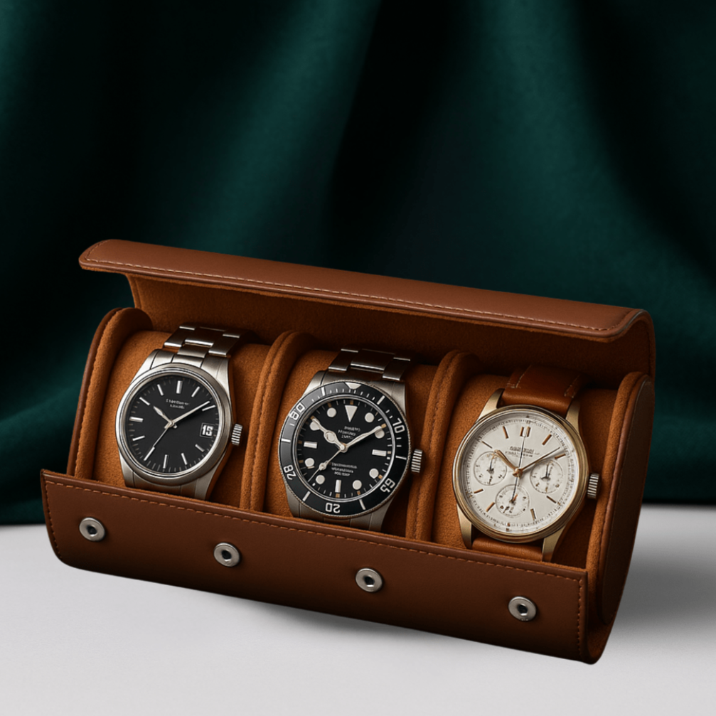 3-Slot Leather Watch Roll – Vintage Travel Case for Men | CHRONVAULT™