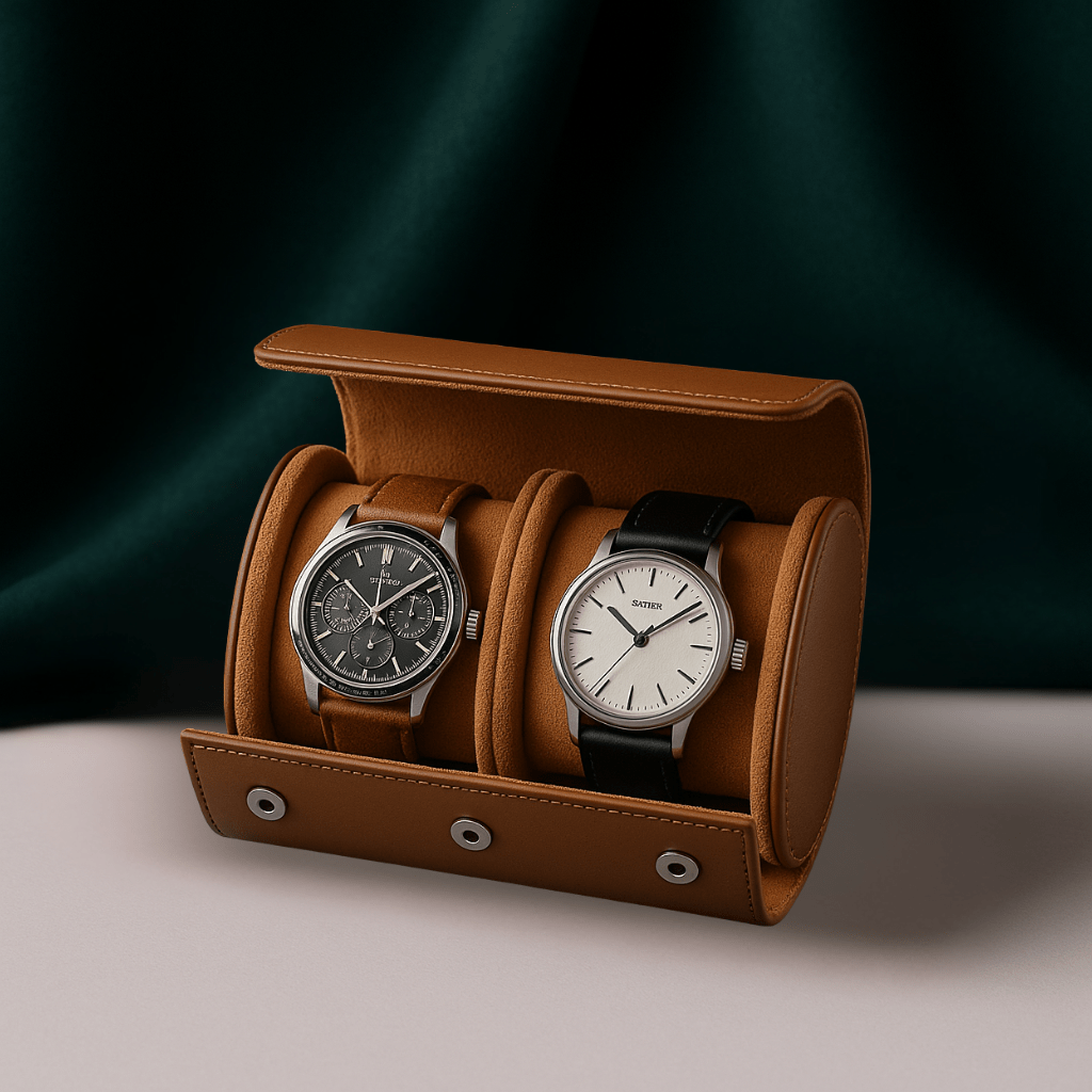 2-Slot Leather Watch Roll – Vintage Travel Case for Men | CHRONVAULT™