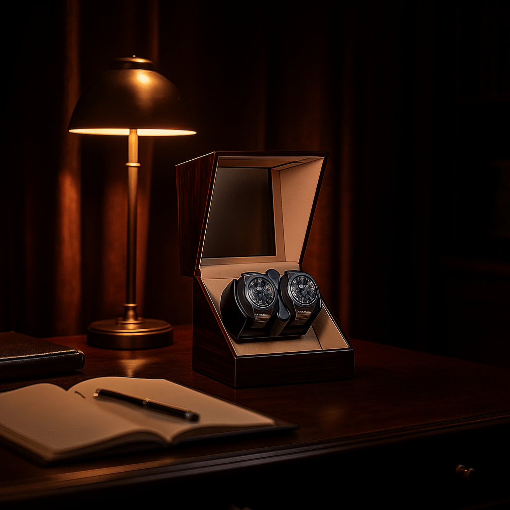 Wooden Dual Watch Winder – Piano Finish Display Box with Silent Motor | CHRONVAULT™