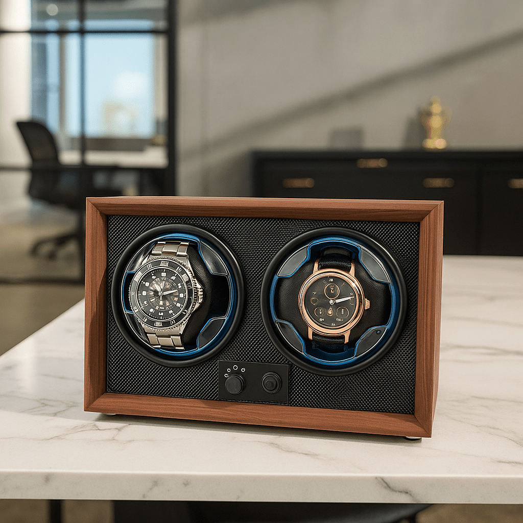Double Watch Winder Box with Light – Wood Grain Display | CHRONVAULT™