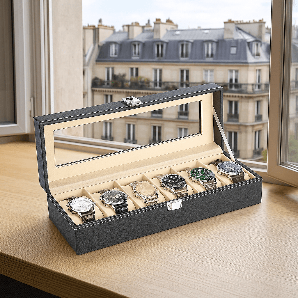 6-Slot Leather Watch Box – Compact Display Case with Glass Lid | CHRONVAULT™