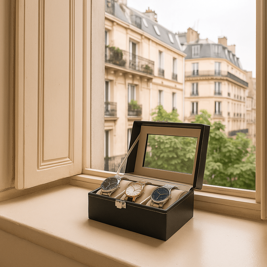3-Slot Leather Watch Box – Compact Display Case with Glass Lid | CHRONVAULT™