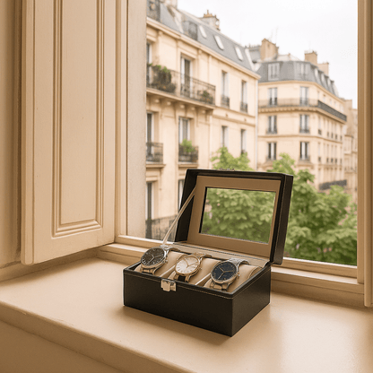 3-Slot Leather Watch Box – Compact Display Case with Glass Lid | CHRONVAULT™