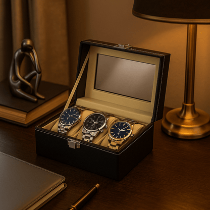 3-Slot Leather Watch Box – Compact Display Case with Glass Lid | CHRONVAULT™