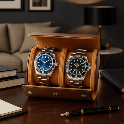 2-Slot Leather Watch Roll – Vintage Travel Case for Men | CHRONVAULT™