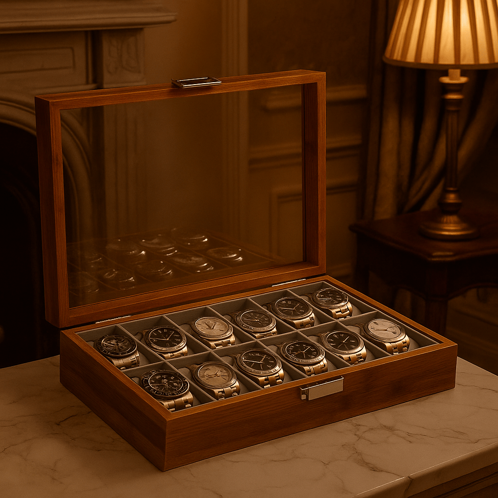 12-Slot Bamboo Watch Box – Wooden Display Case with Glass Lid | CHRONVAULT™