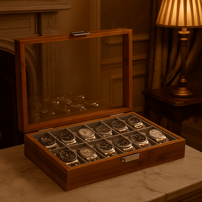 12-Slot Bamboo Watch Box – Wooden Display Case with Glass Lid | CHRONVAULT™