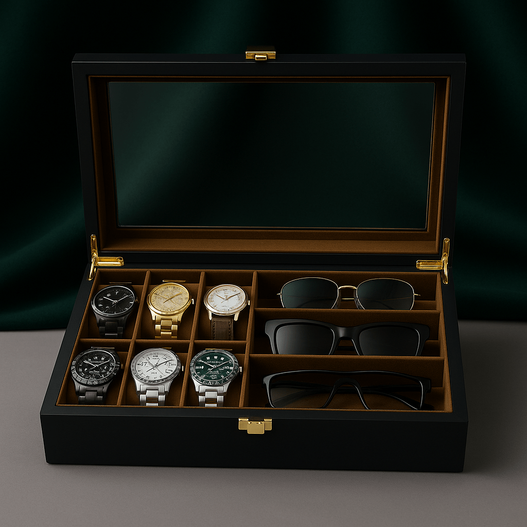 Watch Box with Glass Lid – 6 Watches & 3 Sunglasses Organizer | CHRONVAULT™