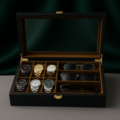 Watch Box with Glass Lid – 6 Watches & 3 Sunglasses Organizer | CHRONVAULT™