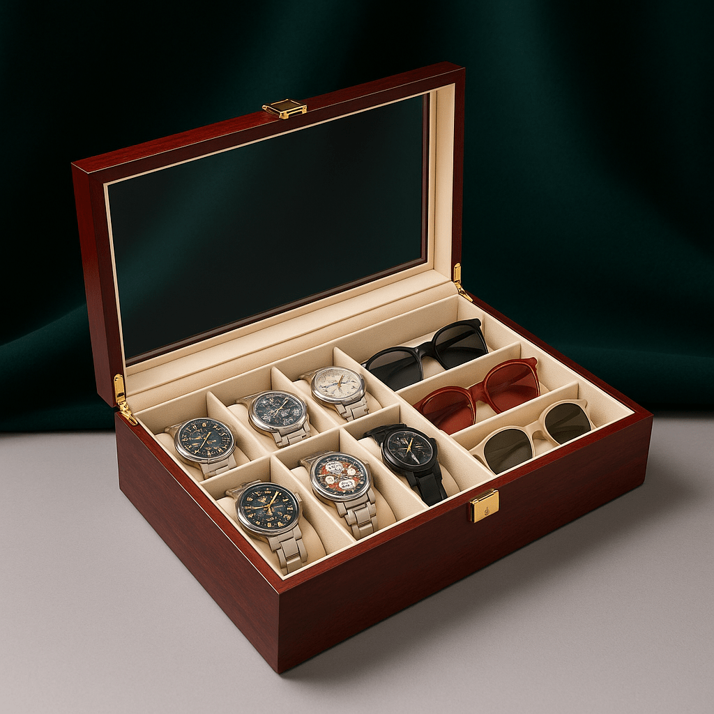 Watch Box with Glass Lid – 6 Watches & 3 Sunglasses Organizer | CHRONVAULT™