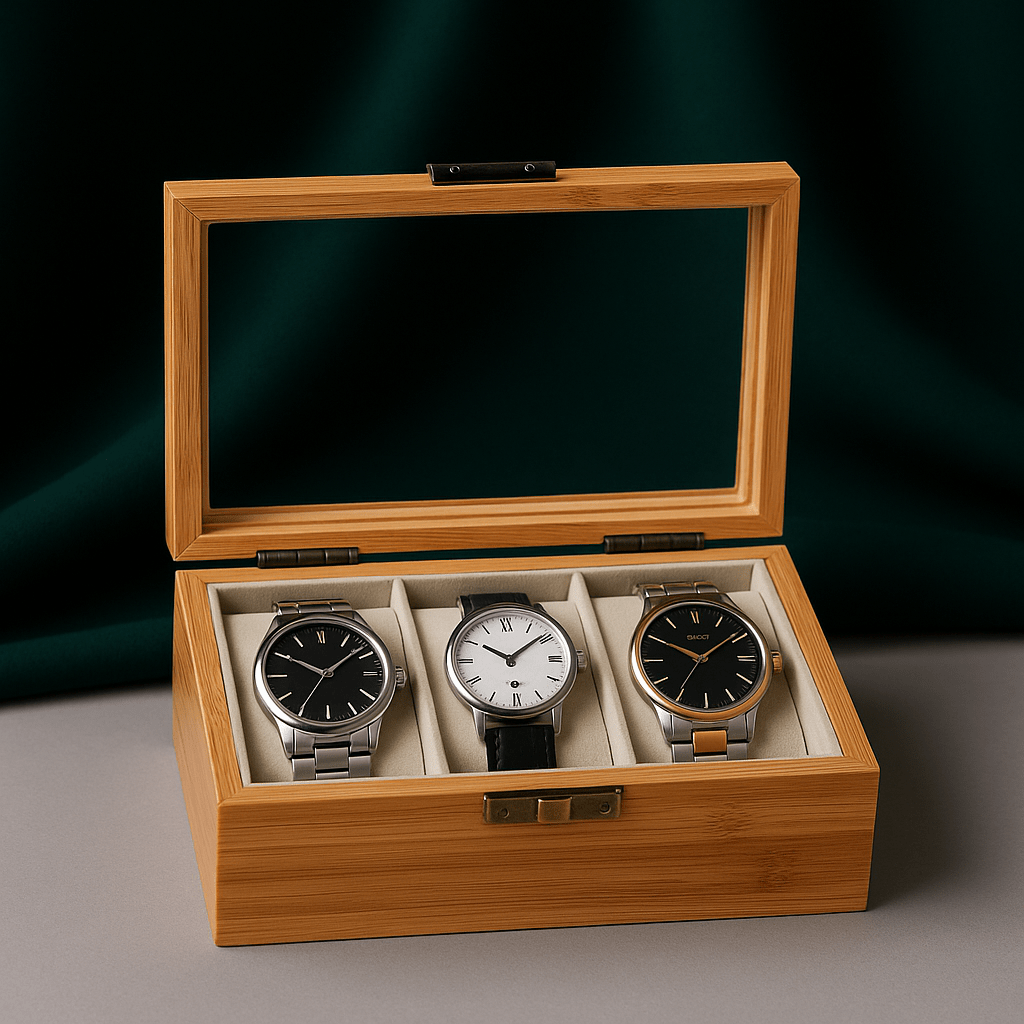 3-Slot Bamboo Watch Box – Wooden Display Case with Glass Lid | CHRONVAULT™