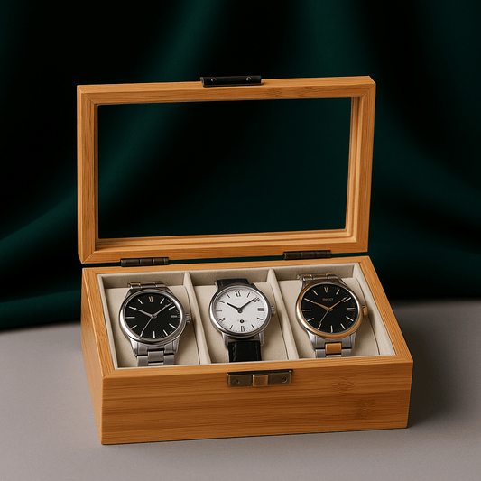 3-Slot Bamboo Watch Box – Wooden Display Case with Glass Lid | CHRONVAULT™