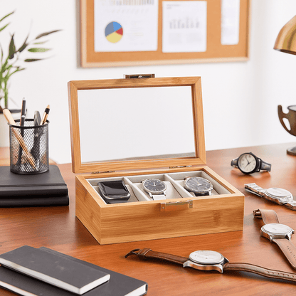 3-Slot Bamboo Watch Box – Wooden Display Case with Glass Lid | CHRONVAULT™