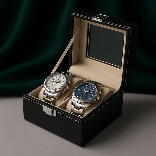 2-Slot Leather Watch Box – Compact Display Case with Glass Lid | CHRONVAULT™