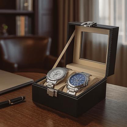 2-Slot Leather Watch Box – Compact Display Case with Glass Lid | CHRONVAULT™