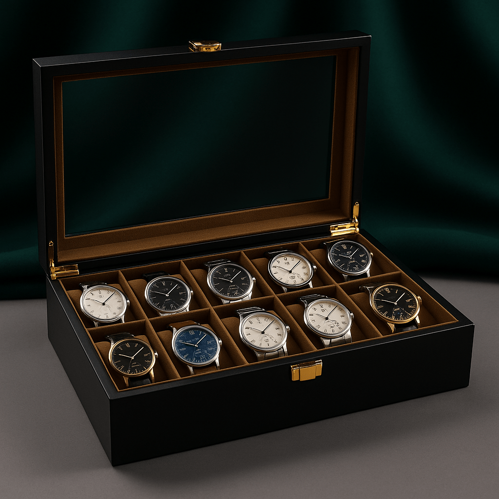 12-Slot Wooden Watch Box with Glass Display Lid | CHRONVAULT™