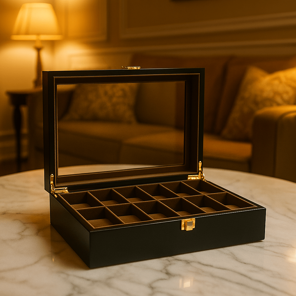 12-Slot Wooden Watch Box with Glass Display Lid | CHRONVAULT™