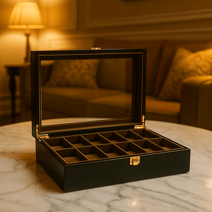 12-Slot Wooden Watch Box with Glass Display Lid | CHRONVAULT™