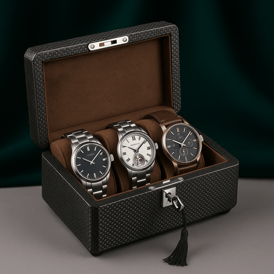 3-Slot Carbon Leather Watch Box – Lockable Organizer for Men | CHRONVAULT™