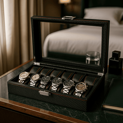 Carbon Leather Watch Box – 12 Slot Display Case | CHRONVAULT™
