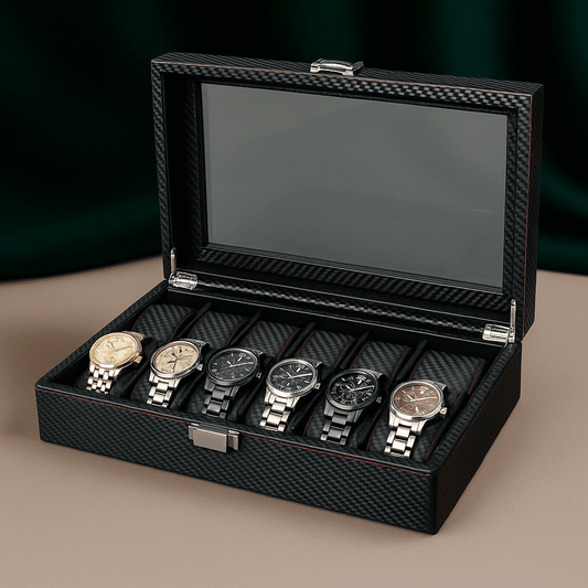Carbon Leather Watch Box – 12 Slot Display Case | CHRONVAULT™