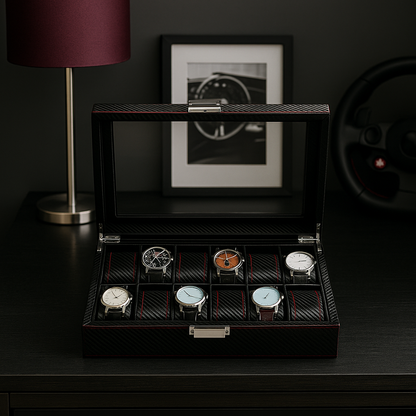 Carbon Leather Watch Box – 12 Slot Display Case | CHRONVAULT™