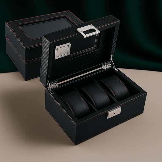 Carbon Leather Watch Box – 3 Slot Display Case | CHRONVAULT™