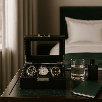 Carbon Leather Watch Box – 3 Slot Display Case | CHRONVAULT™