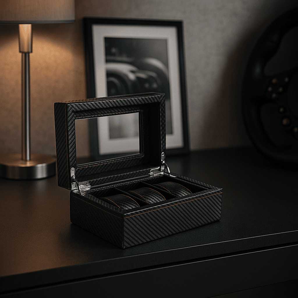 Carbon Leather Watch Box – 3 Slot Display Case | CHRONVAULT™