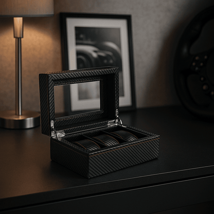 Carbon Leather Watch Box – 3 Slot Display Case | CHRONVAULT™