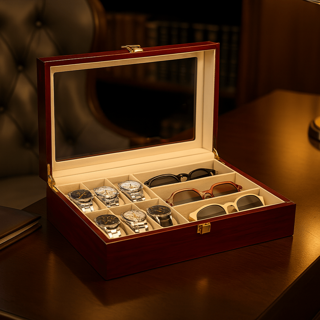 Watch Box with Glass Lid – 6 Watches & 3 Sunglasses Organizer | CHRONVAULT™