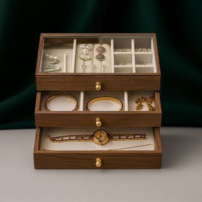 Wooden Jewellery Box – 3-Layer -  Glass Lid| Chronvault™